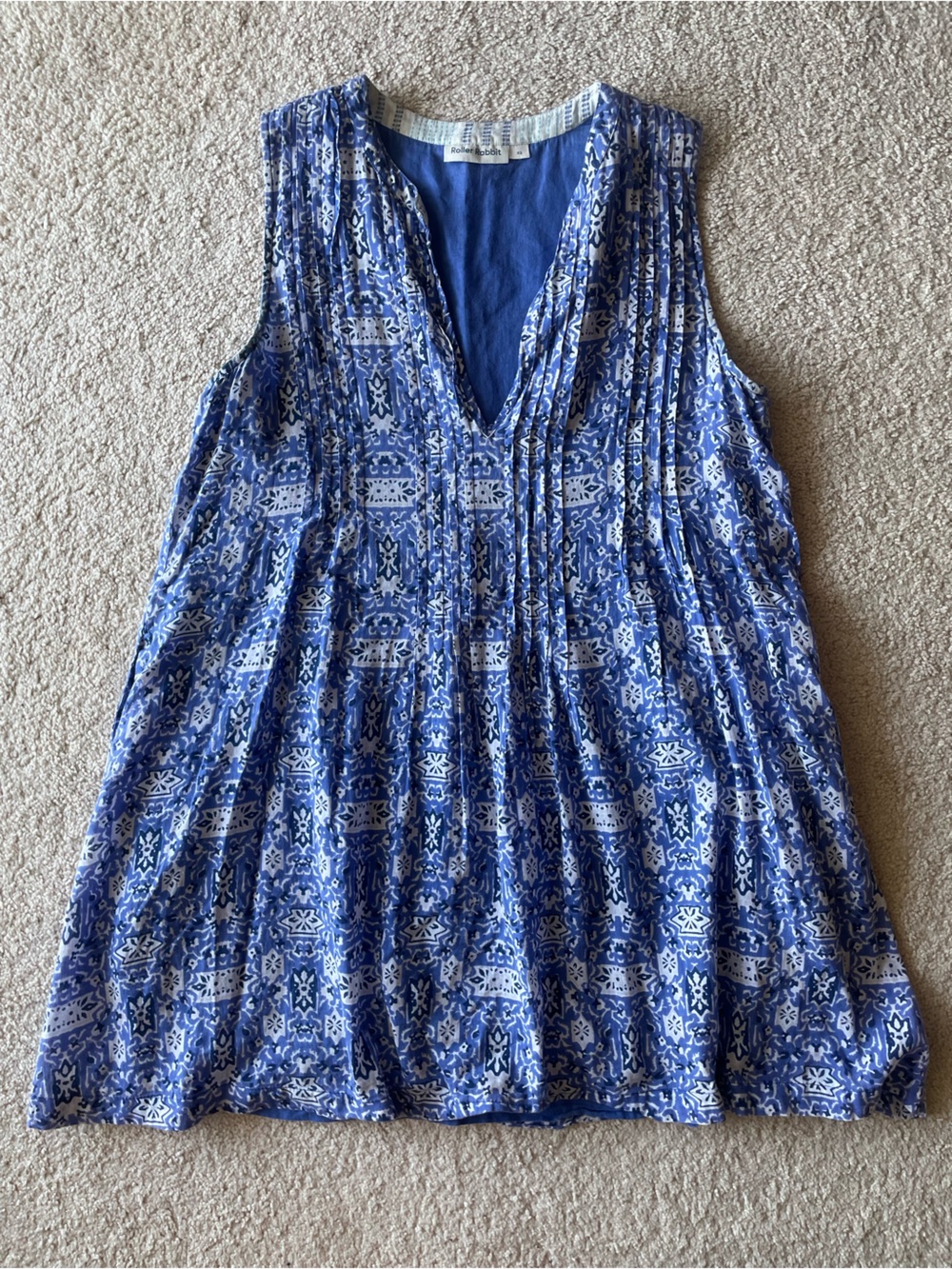 Roller Rabbit Women’s Blue White Printed V-Neck Sleeveless Dress Flowy Preppy